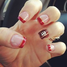 FSU football University Of Oklahoma Nails, 49ers Nails Designs Nailart, Short Football Nails, Chiefs Football Nails, Sports Nails Designs, Fsu Nails, Sf 49ers Nails, 49er Nails Designs, 49ers Nails Designs