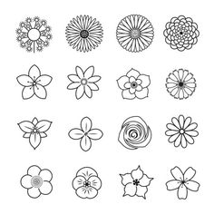 the different types of flowers are shown in black and white, including one flower with four petals