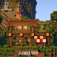 the flower shop is made out of wood and plants