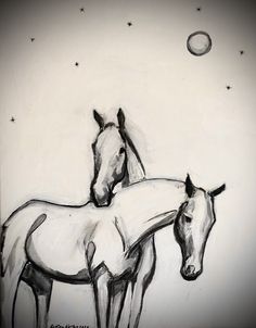 two horses standing next to each other in front of a moon and star filled sky