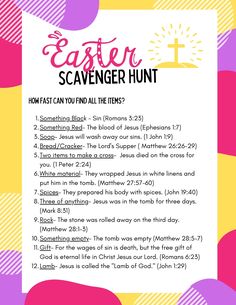 an easter scavenger hunt with the text in pink, yellow and purple colors