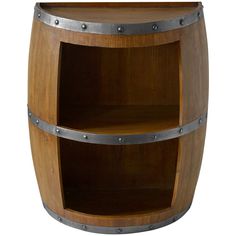 a wooden barrel shelf with metal straps on the bottom and shelves below it, against a white background