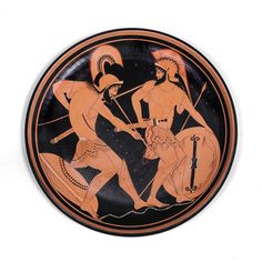 HANDMADE AND HANDPAINTED IN GREECE! This Ancient Greek Plate with red figures is a high quality hand painted replica of the actual historic vessel from Athens. The vase depicts Achilles and Patroclus wearing armor in the Trojan war. - Height: 2 cm (0.8 inch) - Diameter: 32 cm (12.6 inch) - The used materials and methods for fabrication are just like in ancient times. - Can be hanged on the wall. - Decorational object. Not usable for eating/drinking. - Ref.No.: CEGR3001082 Ancient Greek Vase, Greek Vase, Greece Painting, Ancient Greek Pottery, Folk Illustration, Achilles And Patroclus, Ancient Greek Art, Greek Pottery, Greek Vases