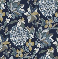 Valdivian Fuchsia Floral Wallpaper Wallpaper A-Street Prints Double Roll Indigo Navy Wallpaper Bedroom, Dark Blue Floral Wallpaper, Ideas For Fireplace Wall, Navy Blue Floral Wallpaper, Hydrangeas Wallpaper, Navy Floral Wallpaper, Wallpaper For Dining Room, Bathroom Wallpaper Inspiration, Bold Floral Wallpaper