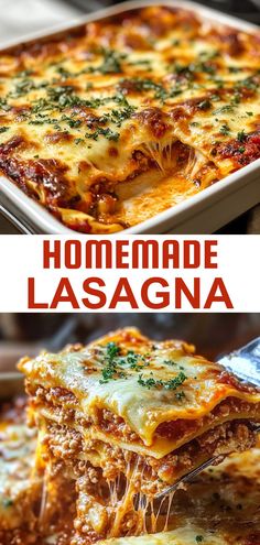 homemade lasagna recipe with cheese and sauce in a casserole dish, topped with parsley