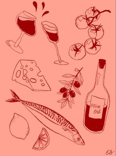 wine, cheese and fish on a pink background