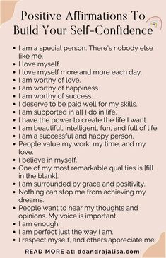 a pink poster with the words positive affirmations to build your self - confidence