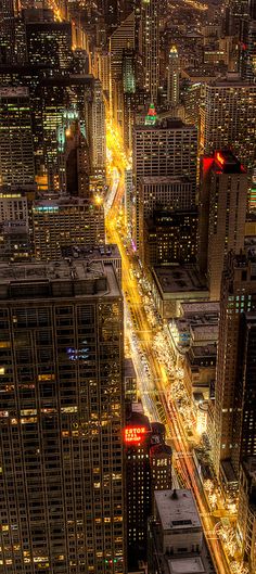 an aerial view of a city at night