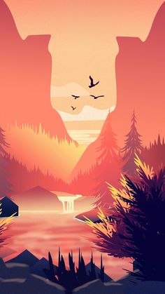 an image of mountains and trees with birds flying over the water at sunset or sunrise