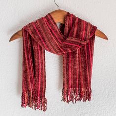 This dazzling scarf combines shades of red pink and burgundy. From K'amolon K'i K'ojonel the bamboo chenille is woven by hand on a traditional backstrap loom. Lavish fringe trims each end. Chenille Scarf, Pink And Burgundy, Backstrap Loom, Women Artisans, Fringe Trim, Shades Of Red, Cotton Weaving, Keep Warm, Wearable Art