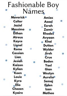 the names of fashionable boy names on a white sheet with blue polka dot dots in it