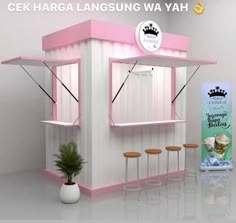 a small booth with stools and a sign that says, cek harag langung wa yah