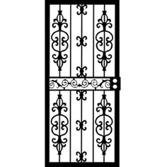 an iron gate with decorative designs on the top and bottom bars, which are black