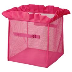 a pink mesh storage bin with handles on the top and bottom, in front of a white background