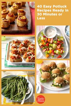 the cover of 40 easy potluck recipes ready in 30 minutes or less, with pictures