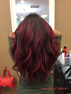 Best Hair Color For Brown Hair, Red And Blonde In Brown Hair, Cherry Wine Hair Color Balayage, Red Hair Bottom Half, Dark Brown Hair With Red Face Framing Highlights, Front Red Hair Streaks, Red Hair And Black Highlights, Different Colour Highlights, Color To Dye Hair Ideas