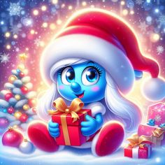 the smurf is holding a christmas present