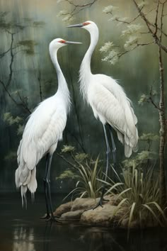 two white birds standing next to each other