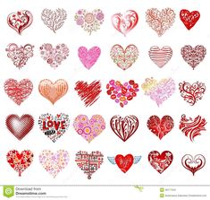 many different hearts are arranged in the shape of flowers and hearts on a white background