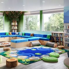 a living room filled with lots of furniture and bookshelves on the wall next to large windows