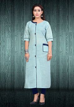 Shop Aqua Cotton Readymade Tunic 168497 online at best price from vast collection of designer kurti at Indianclothstore.com. South Cotton Kurti Design, Cotton Kurti Design, Kurtis Indian, Teenage Dress, Indian Kurtis, Embroidery Skirt, Pakistani Fashion Casual, Black Linen Dress, Punjabi Dress