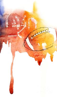 a watercolor painting of a football on the side of a white background with numbers and symbols