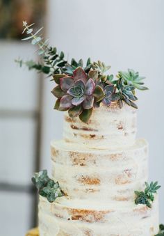 a wedding cake with succulents and greenery on top