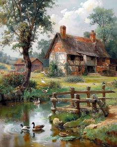 a painting of ducks swimming in a pond next to a house