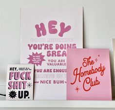 three greeting cards on a shelf with the words hey good morning you're doing great