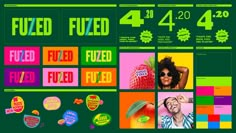 an advertisement for fuzed is displayed on a green background with various stickers and colors