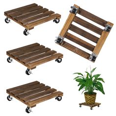 four different types of wooden pallets with wheels and plant in pot on the bottom