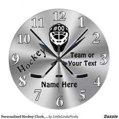 a clock with the name hockey on it and an image of a goalie's face