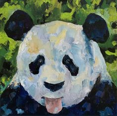 a painting of a panda bear sticking its tongue out in front of some green bushes