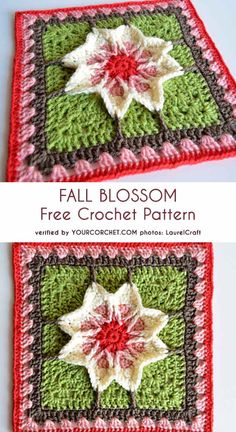 two crocheted squares with poinsettis on them, one is green and the other is red