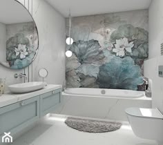 a bathroom with two sinks and a bathtub next to a large mirror on the wall