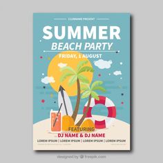 a flyer for a summer beach party with palm trees and surfboards on the beach