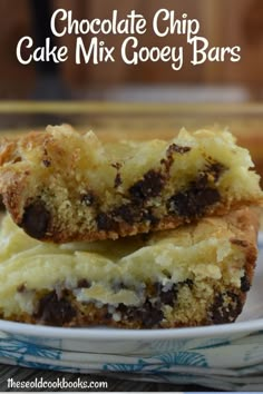 chocolate chip cake mix gooey bars stacked on top of each other in a plate