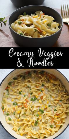 creamy veggies and noodles in a skillet