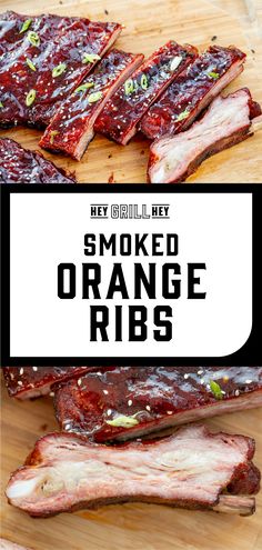 smoked orange ribs on a cutting board with text overlay