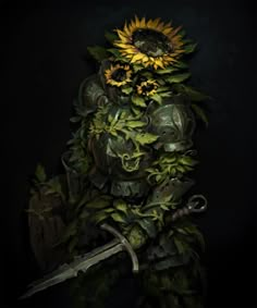 a painting of sunflowers on top of a pile of leaves with a knife