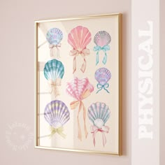 a painting on the wall with seashells painted on it and ribbons tied to them