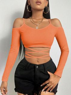 Orange Sexy Collar Long Sleeve Fabric Plain  Embellished High Stretch  Women Clothing Outfit Ideas Dressy, Kardashian Outfit, Stylish Summer Outfits, Womenswear Fashion, Crop Top Outfits, Baddie Outfits Casual, Sporty Outfits, Really Cute Outfits, Fancy Outfits