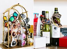 two pictures side by side, one with wine bottles and the other with jewelry on it