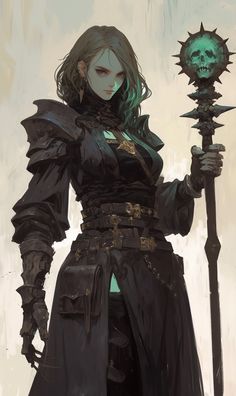 a woman with green hair holding two large metal poles and a skull on her arm