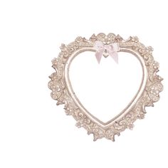 a white heart shaped frame with a pink bow on the top and bottom corner, in front of a white background