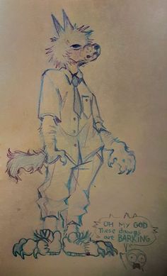 a drawing of a wolf dressed in a suit and tie holding a cat's paw