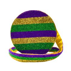 a purple, green and yellow striped bag on a white background with a gold ribbon