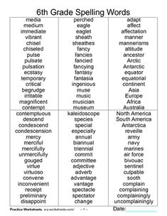 the 6th grade spelling words are shown in this table, which includes several different types of words