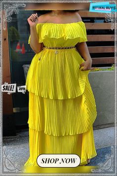 Off Shoulder Layered Pleated Plus Size Maxi Dresses Cheap Flowy Pleated Dresses, Pleated Material Dress, Layers Gown, Pleated Dress Casual, Dress Without Sleeves, Layered Gown, Pleated Dresses, Casual Beach Wear, Material Dress