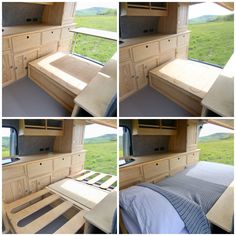 four pictures show the inside of a camper with bed and storage area in it